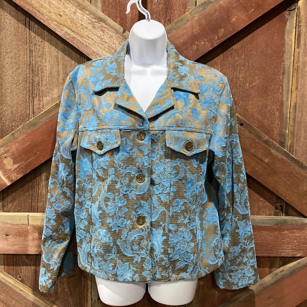 KINDRED SPIRIT Floral Brocade Jacket Large Turquoise Waist Length Tooled Design